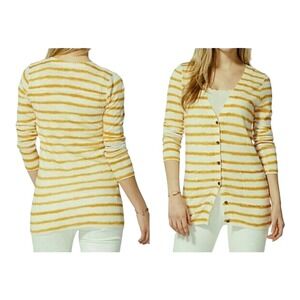 Lucky Brand Yellow White Striped Small V Neck Cardigan‎ Summer Beachy Vacation